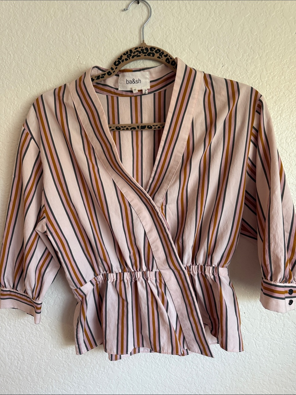 ba&sh Pink Striped Wrap Top with Mustard & Grey Accents
